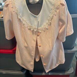 Elegant Peach Short Sleeve Blazer with Lace Trim p76
